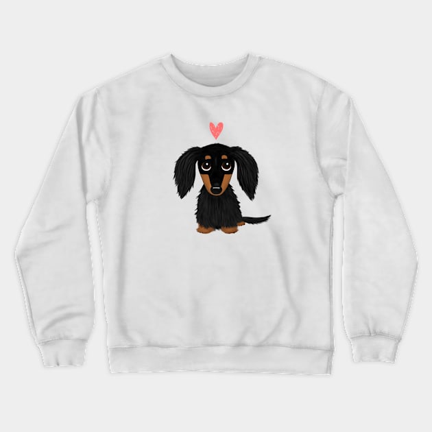 Black and Tan Longhaired Dachshund Cartoon Dog with Heart Crewneck Sweatshirt by Coffee Squirrel